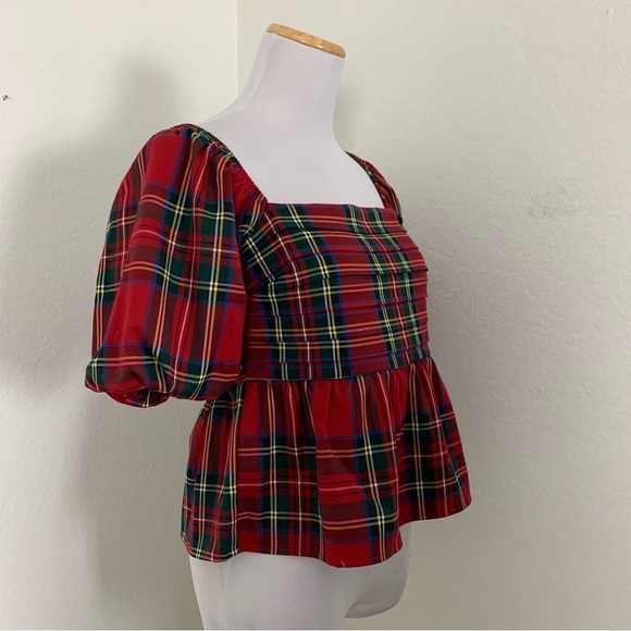 Francesca’s Plaid Peplum Smocked Puff Sleeve Top Sz S Red Holiday Short Sleeve - Picture 15 of 17